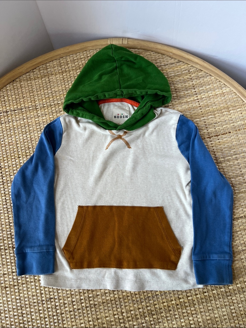 Mini Boden Colorblock Hoodie cream brown blue green FLAW-holes at front pocket 5
